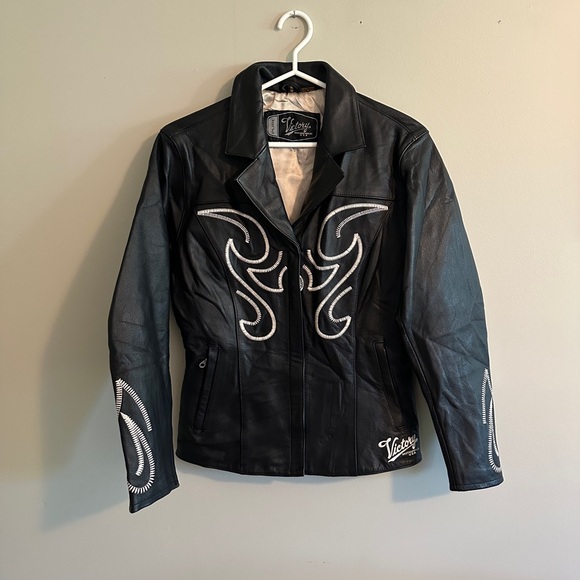 Pure Victory Jackets & Blazers - Pure Victory Black Leather Jacket with White embroidered Detailing